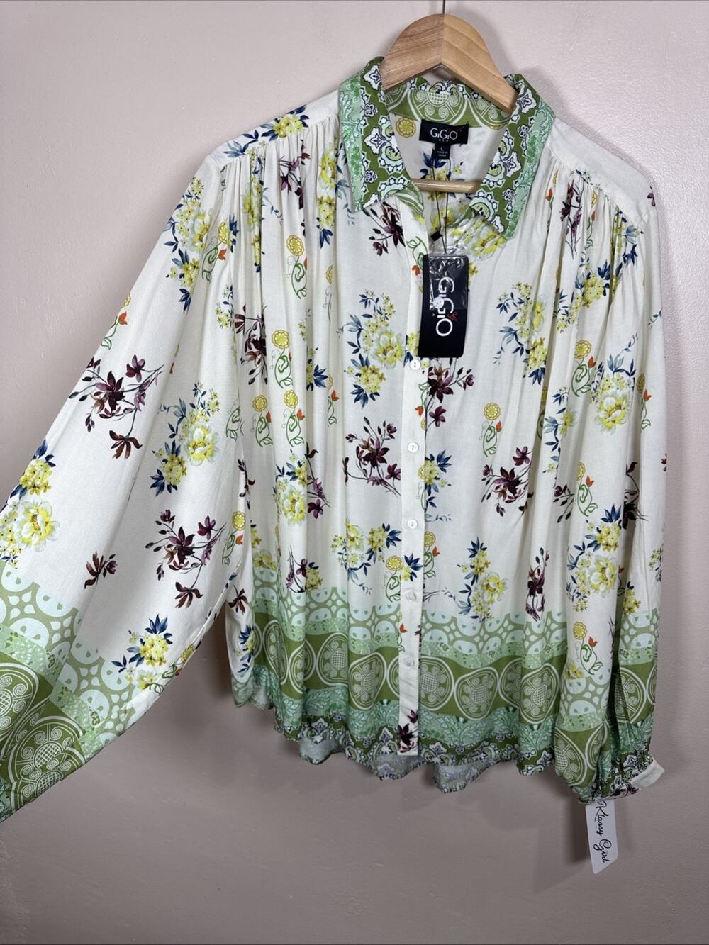 GiGio USA Womens Button Down Blouse Floral Mixed Print Boho NWT L Oversized